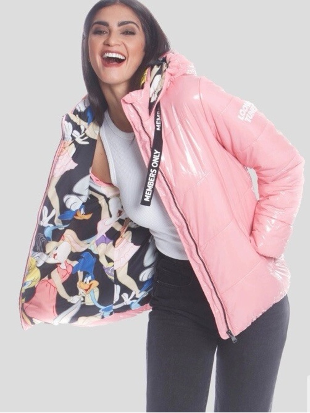Members Only Shiny Pink Hooded Puffer Jacket with Looney Tunes Printed Lining